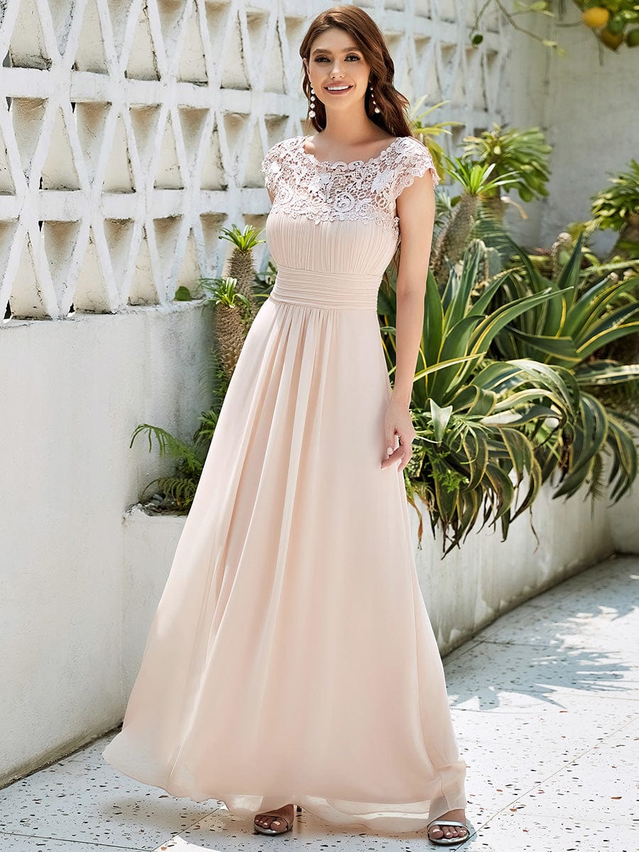 Lacey Neckline Open Back Ruched Bust Wholesale Chiffon Evening Dresses EP09993BH04 Blush / 4