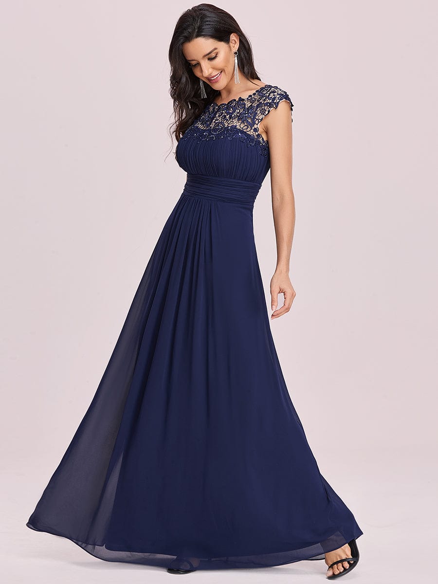 Lacey Neckline Open Back Ruched Bust Wholesale Evening Dresses EP09993NB04 Navy Blue / 4