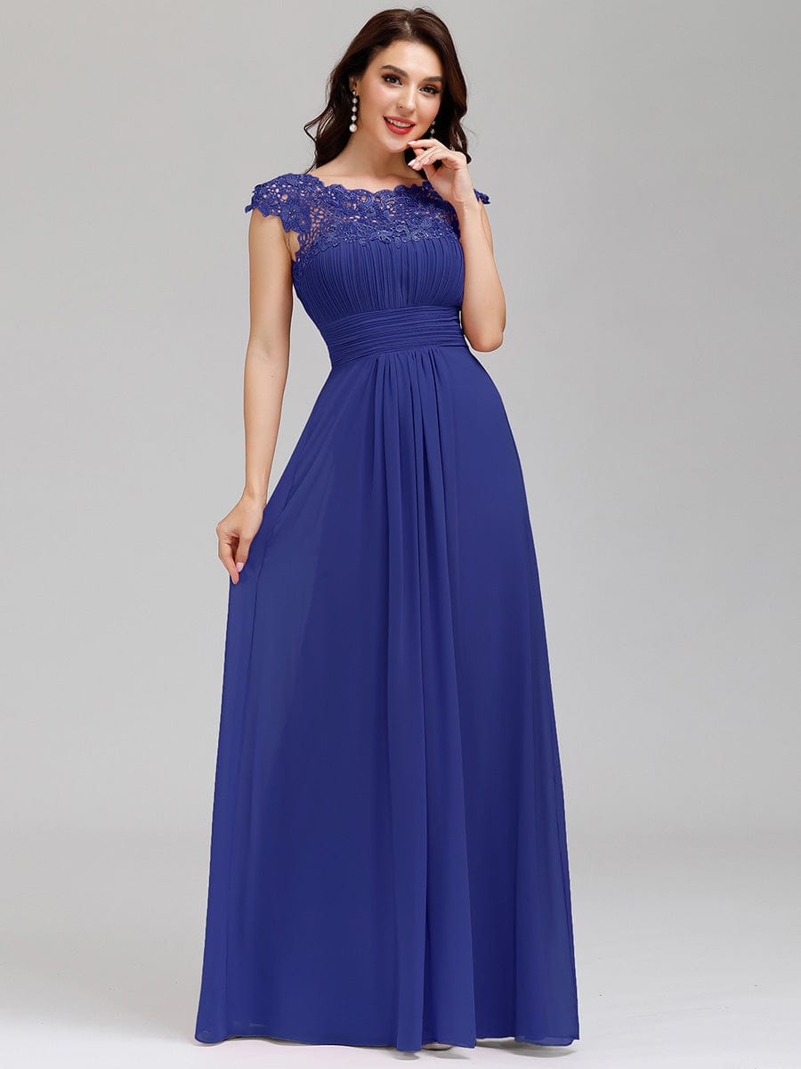 Lacey Neckline Open Back Ruched Bust Wholesale Evening Dresses EP09993SB04 Sapphire Blue / 4