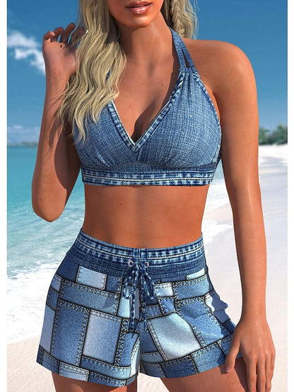 Women's Swimwear Bikini 2 Piece Normal Swimsuit 2 Piece Printing Plaid Blue Tank Top Bathing Suits Sexy Beach Wear Summer