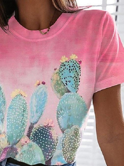 Landscape Floral Print Round Neck Short Sleeve T-Shirt