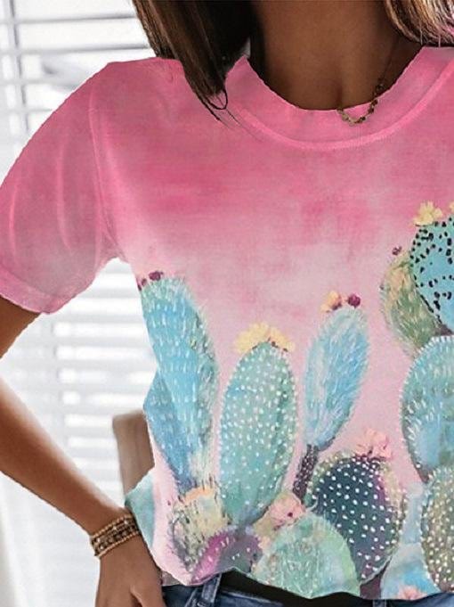 Landscape Floral Print Round Neck Short Sleeve T-Shirt