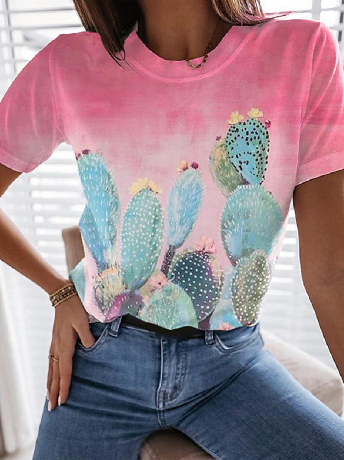 Landscape Floral Print Round Neck Short Sleeve T-Shirt TSH2106251157PINS Pink / S