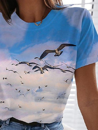 Landscape Floral Print Round Neck Short Sleeve T-Shirt