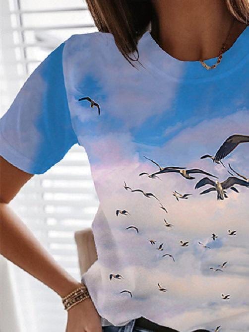 Landscape Floral Print Round Neck Short Sleeve T-Shirt