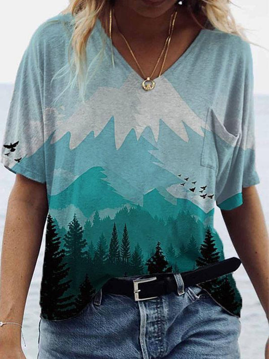 Landscape Print Short-sleeved V-neck T-shirt TSH2106080225GRES Green / S