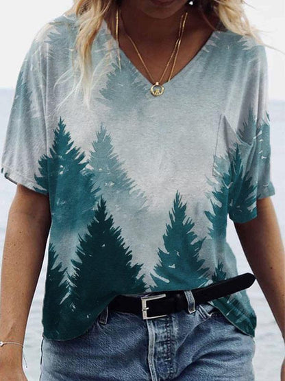Landscape Print Short-sleeved V-neck T-shirt TSH2106080225DGRES Dark Green / S