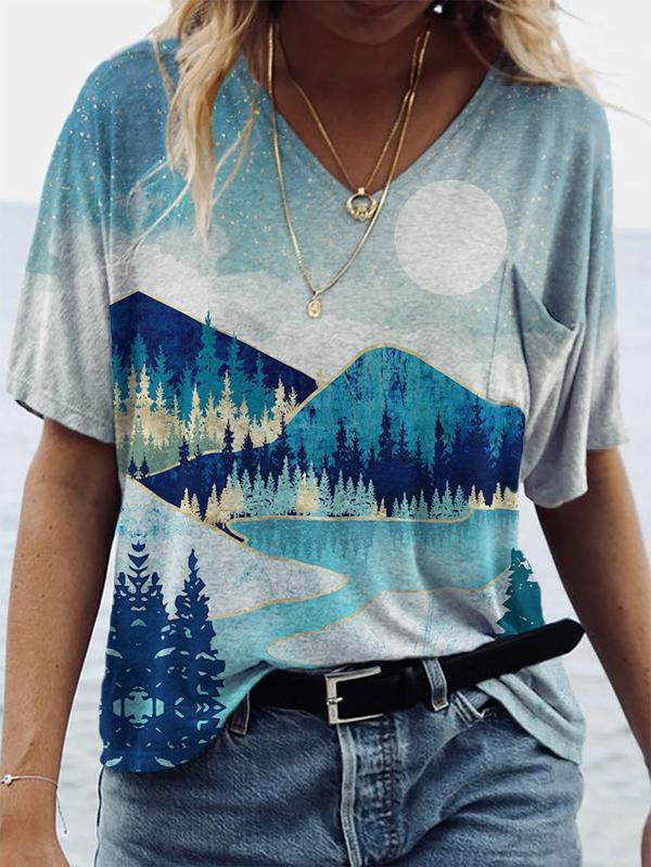 Landscape Print Short-sleeved V-neck T-shirt TSH2106080225BLUS Blue / S