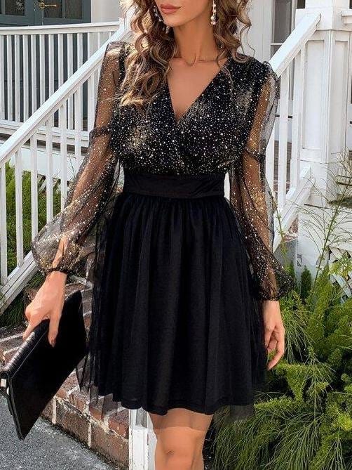 Lantern Sleeve Glitter Mesh Dress