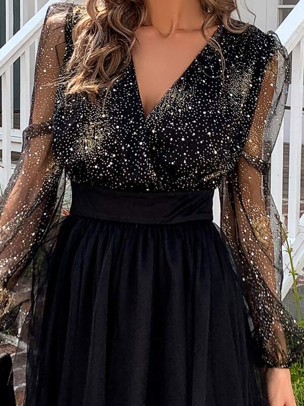 Lantern Sleeve Glitter Mesh Dress