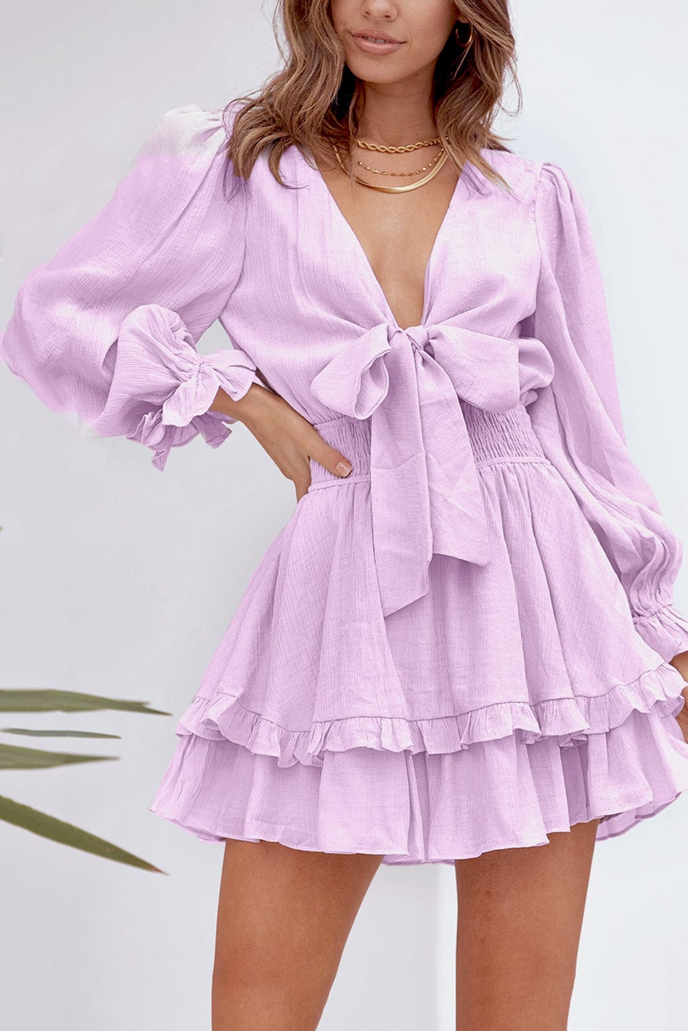 Lantern Sleeve Knotted Tiered Mini Dress with Deep V Neck