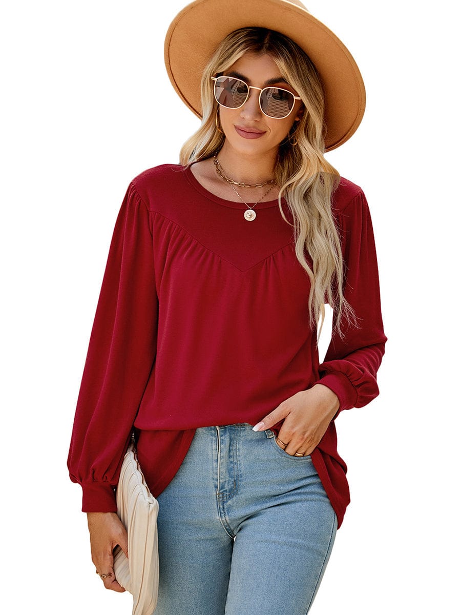Lantern Sleeve Round Neck Long Sleeve Casual T-Shirt TSH2303020048REDS Red / 2 (S)