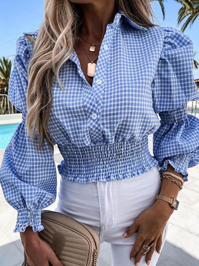 Lantern Sleeve Shirring Detail Plaid Shirt