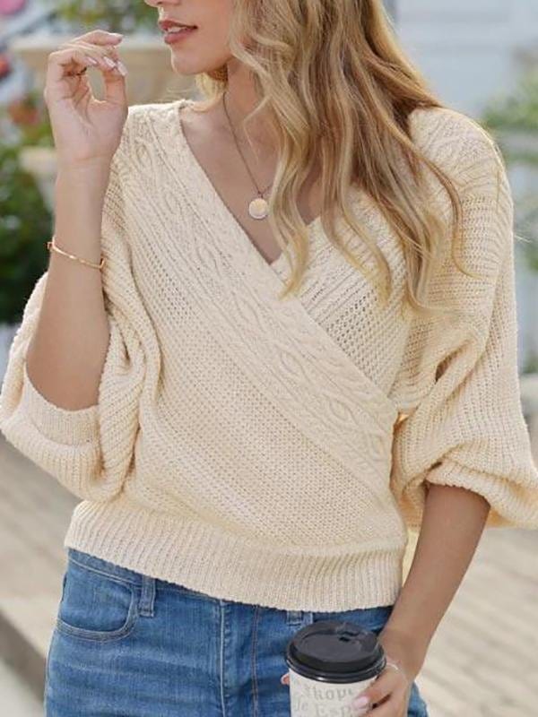 Lantern Sleeve Surplice Cable Knit Sweater SWE210313569CRWHI Creamy White / One Size