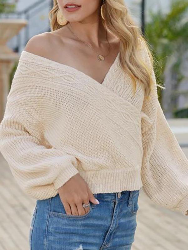 Lantern Sleeve Surplice Cable Knit Sweater SWE210313569CRWHI Creamy White / One Size