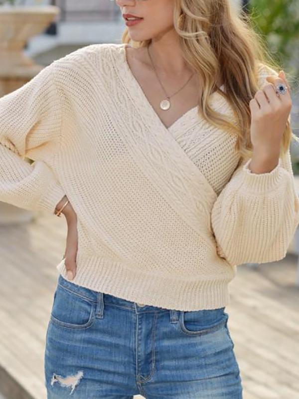 Lantern Sleeve Surplice Cable Knit Sweater SWE210313569CRWHI Creamy White / One Size