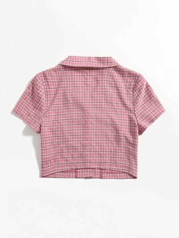 Lapel Collar Button Placket Plaid Blouse