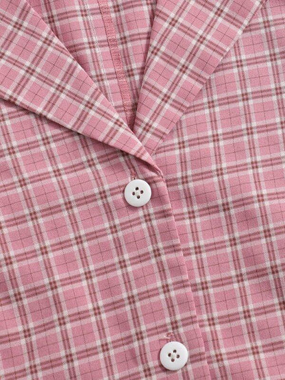 Lapel Collar Button Placket Plaid Blouse