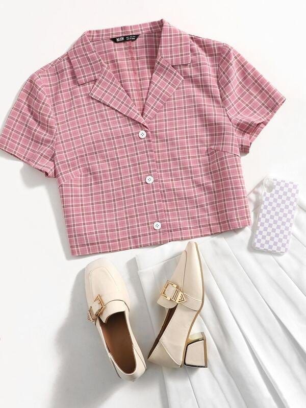 Lapel Collar Button Placket Plaid Blouse