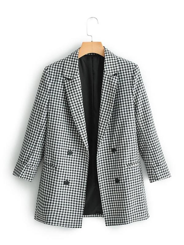 Lapel Collar Double Breasted Gingham Blazer BLA210226235S S