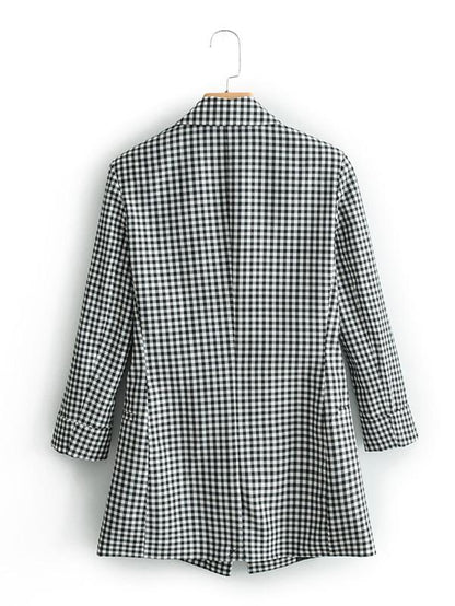 Lapel Collar Double Breasted Gingham Blazer