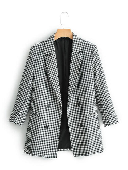 Lapel Collar Double Breasted Gingham Blazer for Women