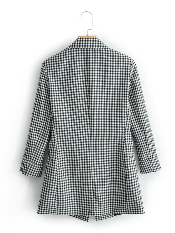 Lapel Collar Double Breasted Gingham Blazer for Women