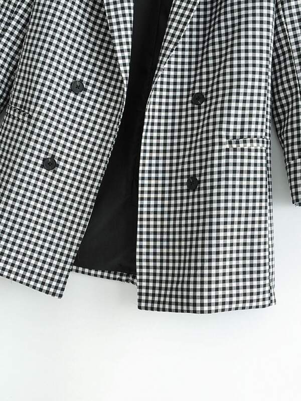 Lapel Collar Double Breasted Gingham Blazer for Women