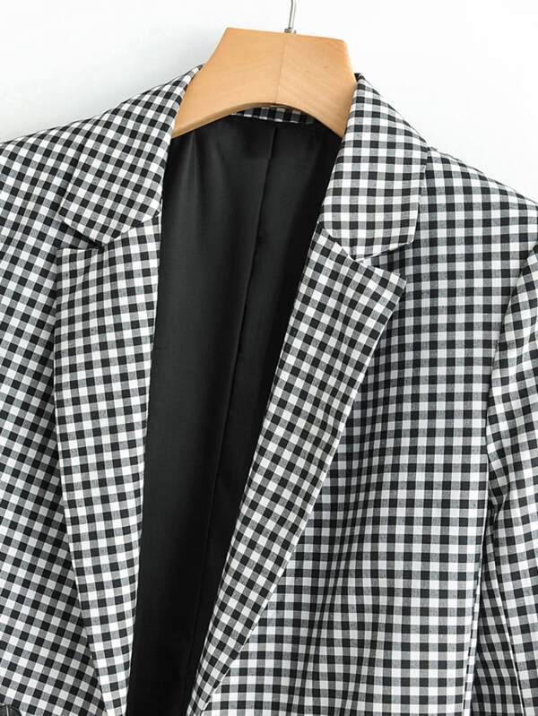 Lapel Collar Double Breasted Gingham Blazer for Women