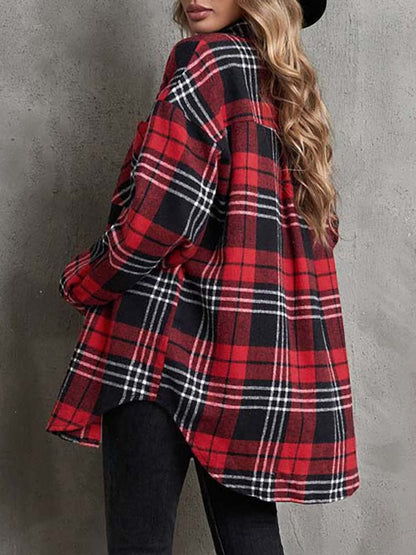 Lapel Collar Single Breasted Loose Plaid Wool Coat