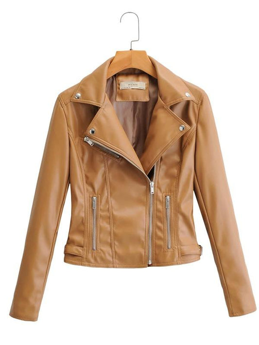 Lapel Collar Zip Up PU Moto Jacket