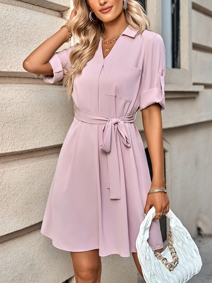 Lapel Lace Up Solid Color Mini Dress DRE2303080039PINS Pink / 2 (S)