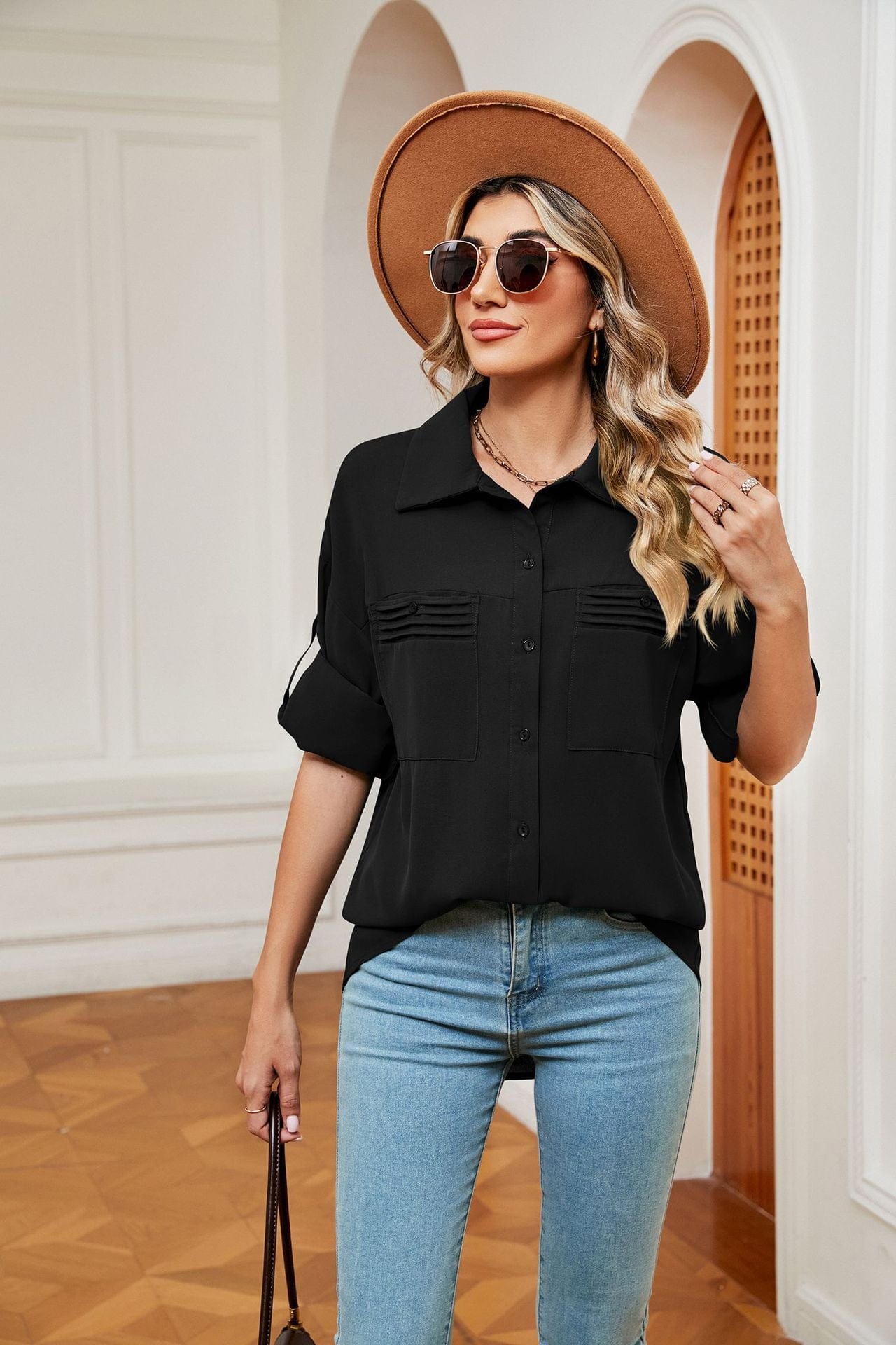 Lapel pocket button solid color long sleeve loose shirt for women