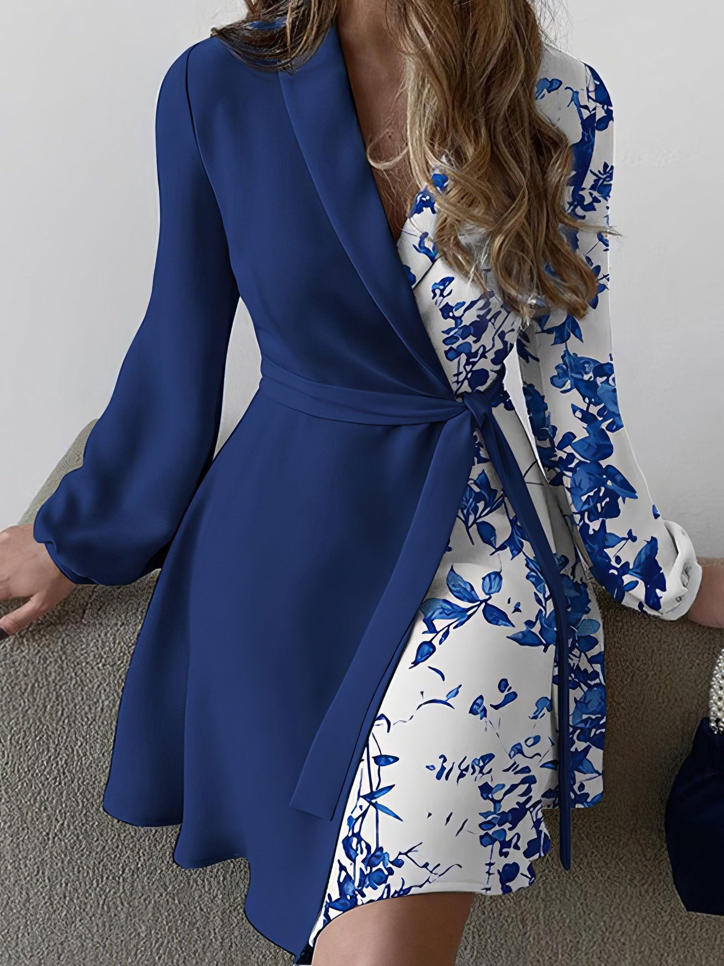 Lapel Print Lace-Up Long Sleeve Dress DRE2208175165DBLUS Navy / 2 (S)