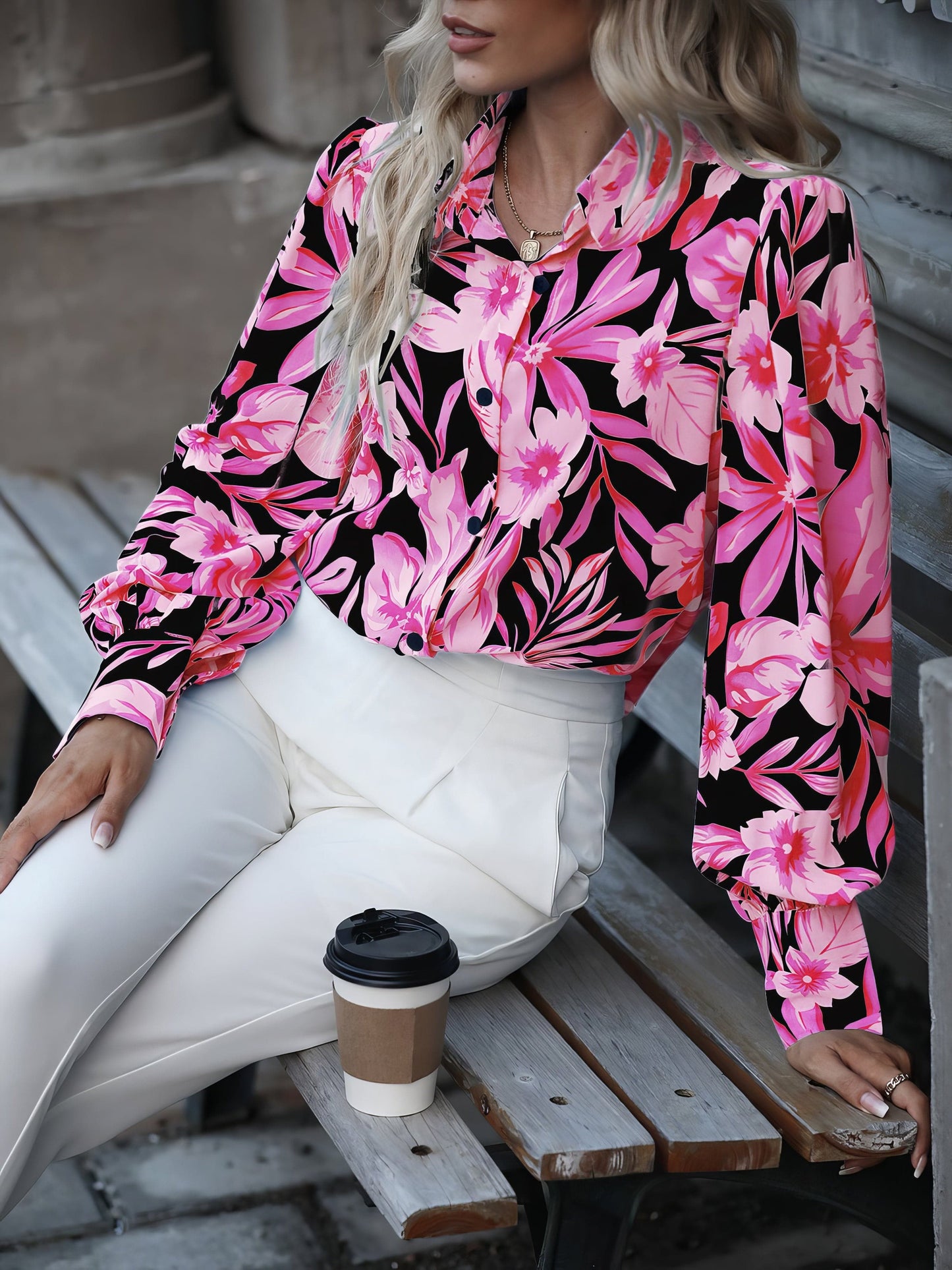 Lapel Single Breasted Printed Long Sleeve Blouse