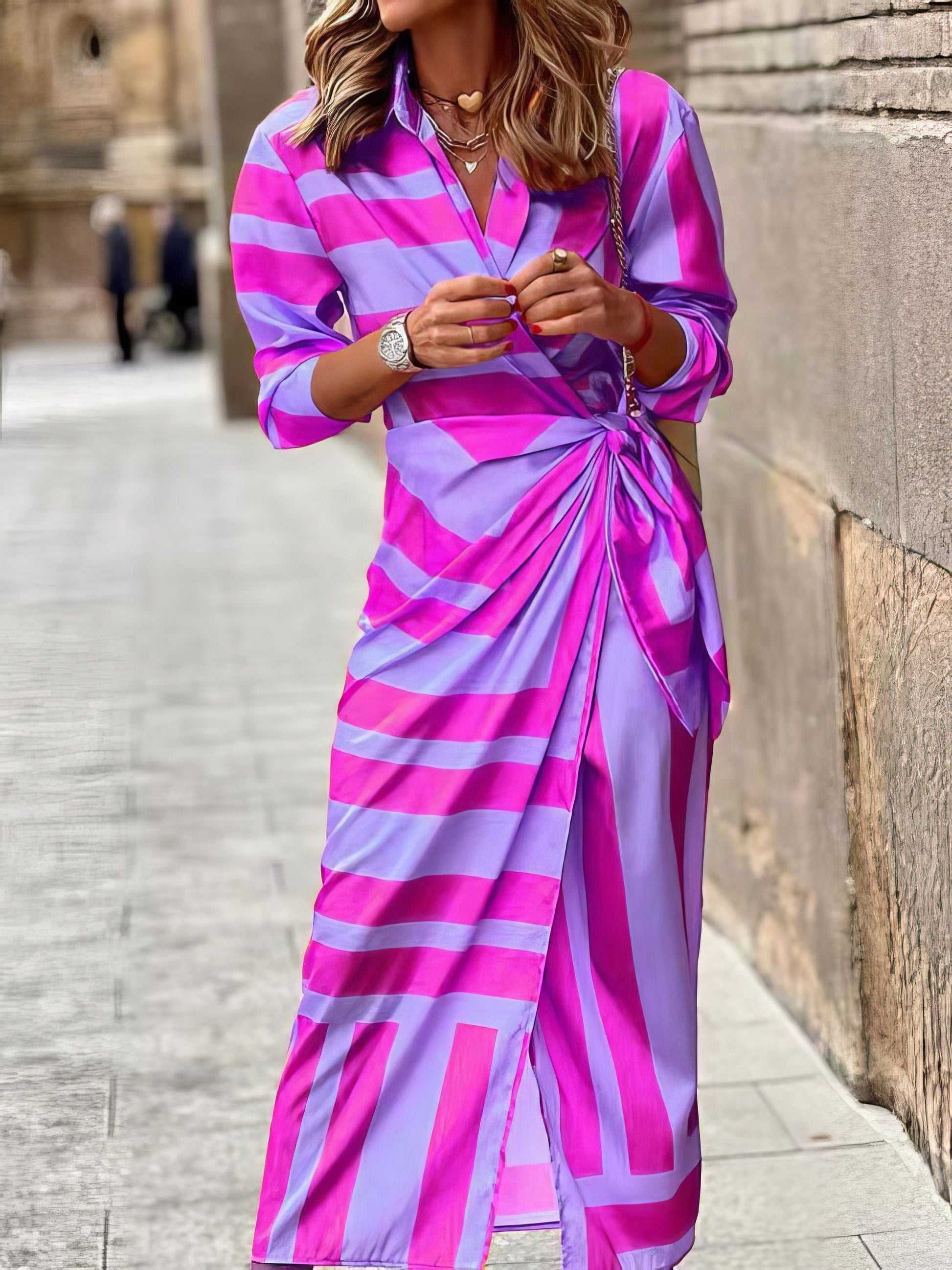 Lapel Striped Print Belted Long Sleeve Dress