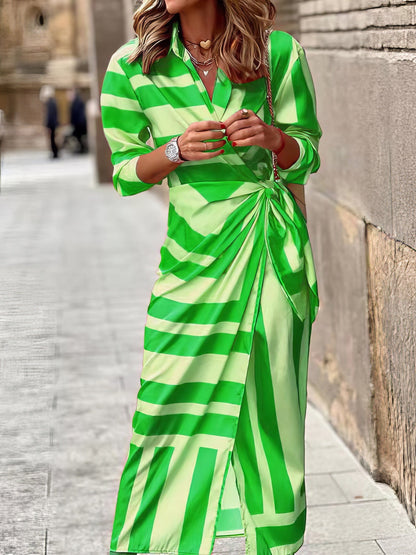 Lapel Striped Print Belted Long Sleeve Dress