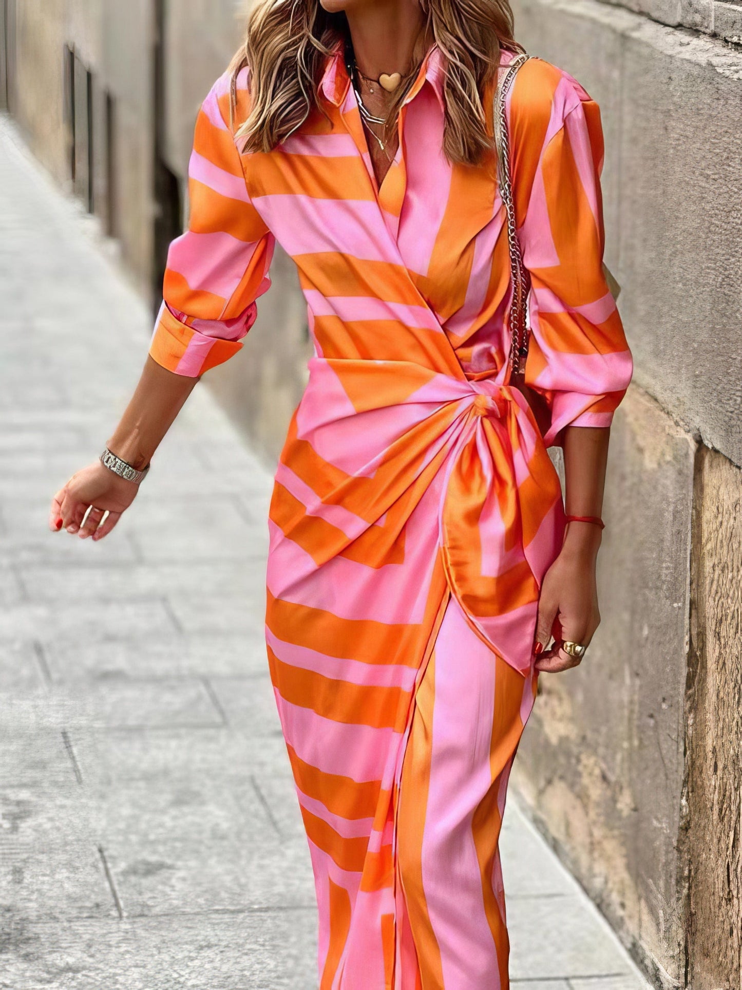 Lapel Striped Print Belted Long Sleeve Dress