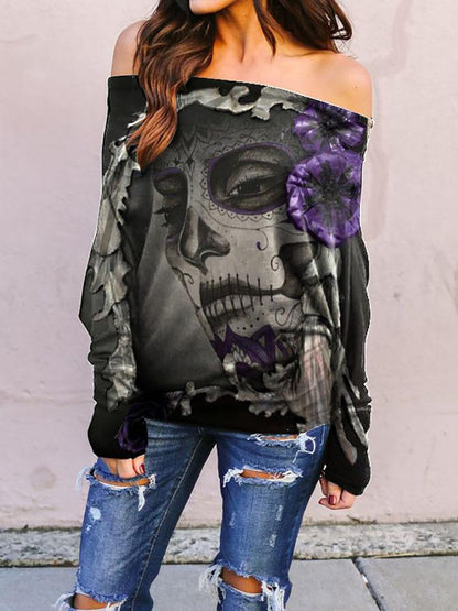 Large Round Neck Long Sleeve Printed One-Shoulder Casual T-Shirt TSH2107171513BLAS Black / S