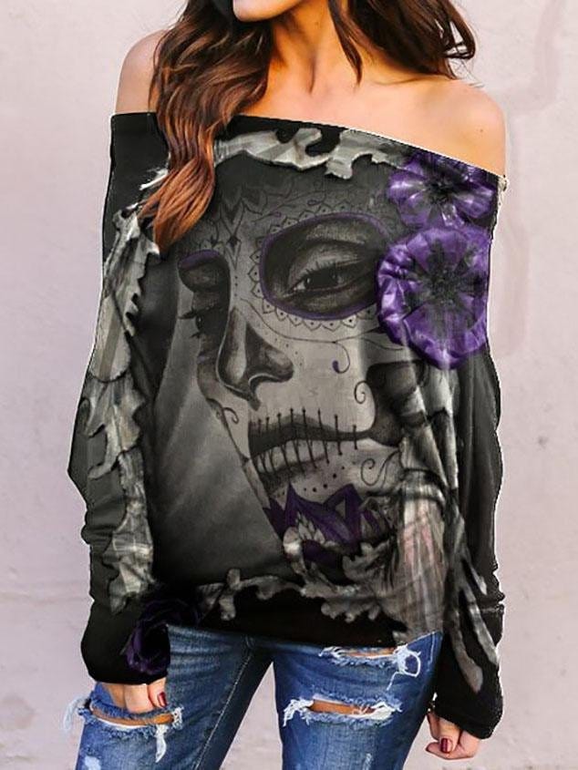 Large Round Neck Long Sleeve Printed One-Shoulder Casual T-Shirt