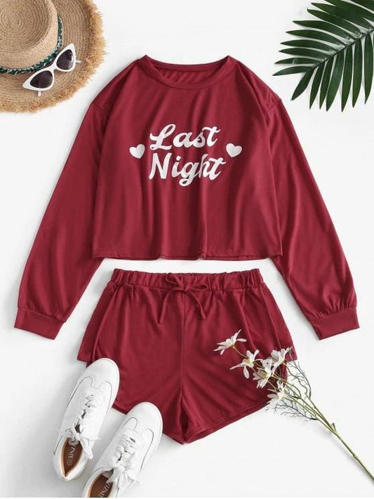 Last Night Graphic Long Sleeve Co Ord Set SHO210310105REDM Red / M