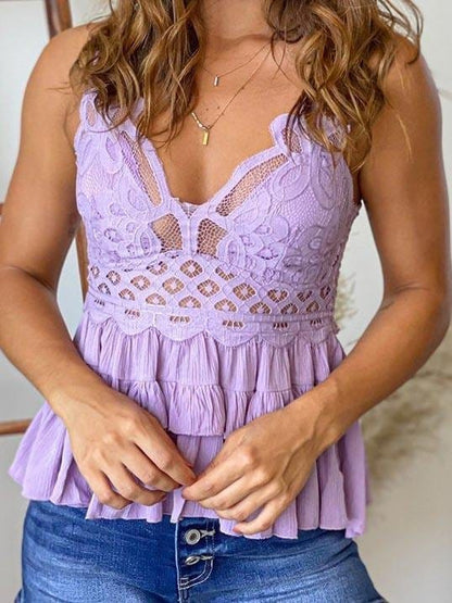 Lavender Lace Ruffle Layer Hem Suspender Blouses BLO210421013PURS Purple / S