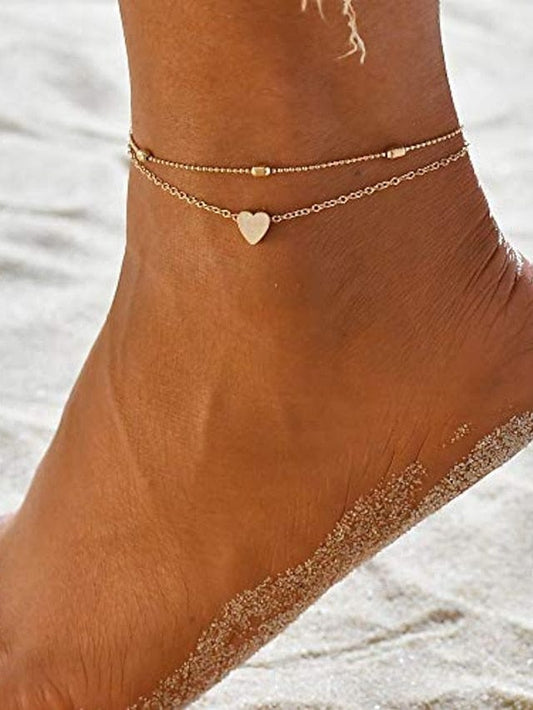 layered anklets women heart gold ankle bracelet charm beaded dainty foot jewelry for women and teen girls summer barefoot beach anklet MS231013084845FS Rose gold suit / S