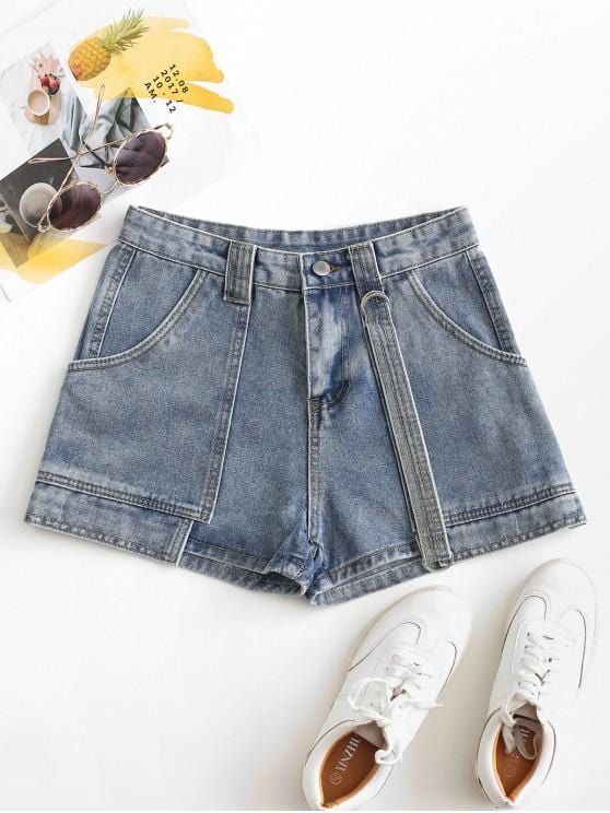 Layered D-ring Strap Denim Shorts for Women