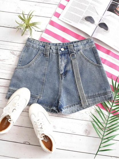 Layered D-ring Strap Denim Shorts for Women