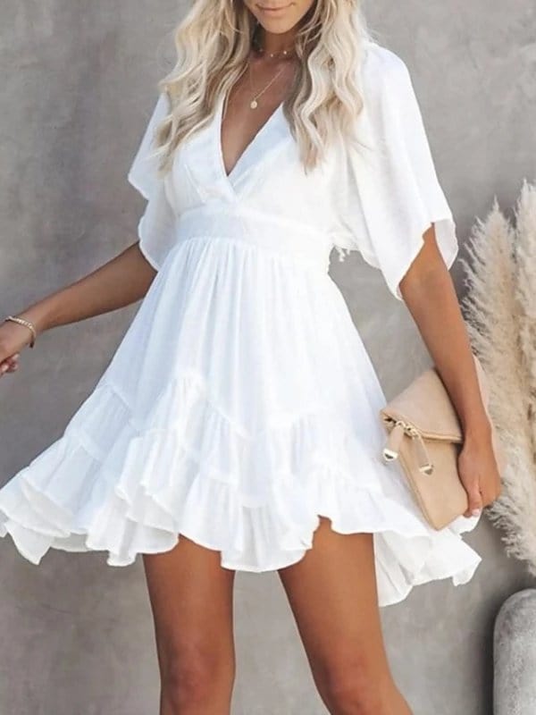Layered Hem Drop Shoulder V Neck Mini Dress DRE210424856WHIS White / S