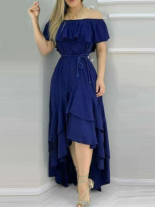 Layered Ruffles Asymmetrical Maxi Dress With Belt DRE210429054S Blue / S
