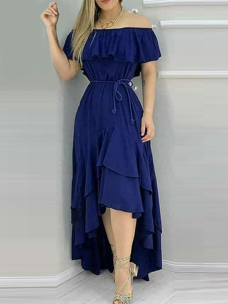 Layered Ruffles Asymmetrical Maxi Dress With Belt for Women