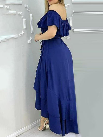 Layered Ruffles Asymmetrical Maxi Dress With Belt for Women