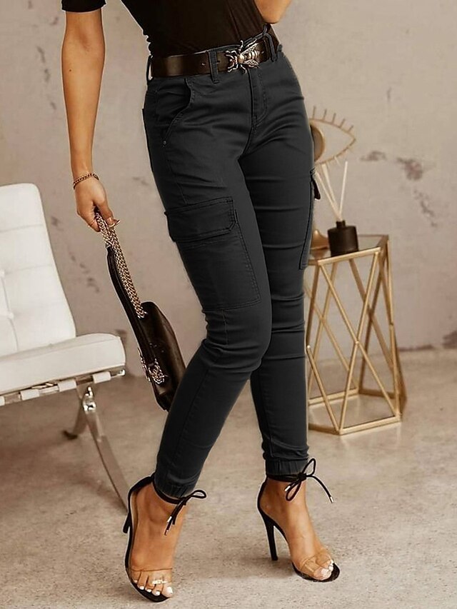 Women's Cargo Pants Basic Casual / Sporty Tactical Trousers Side Pockets Patchwork Full Length Pants Business Micro-elastic Plain Cotton Comfort Mid Waist Slim Green Black Gray S M L XL XXL - LuckyFash™